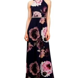 SLNY Formal Maxi Gown Sz 14 Navy Pink Beaded Embellishments Metallic Gold Detail